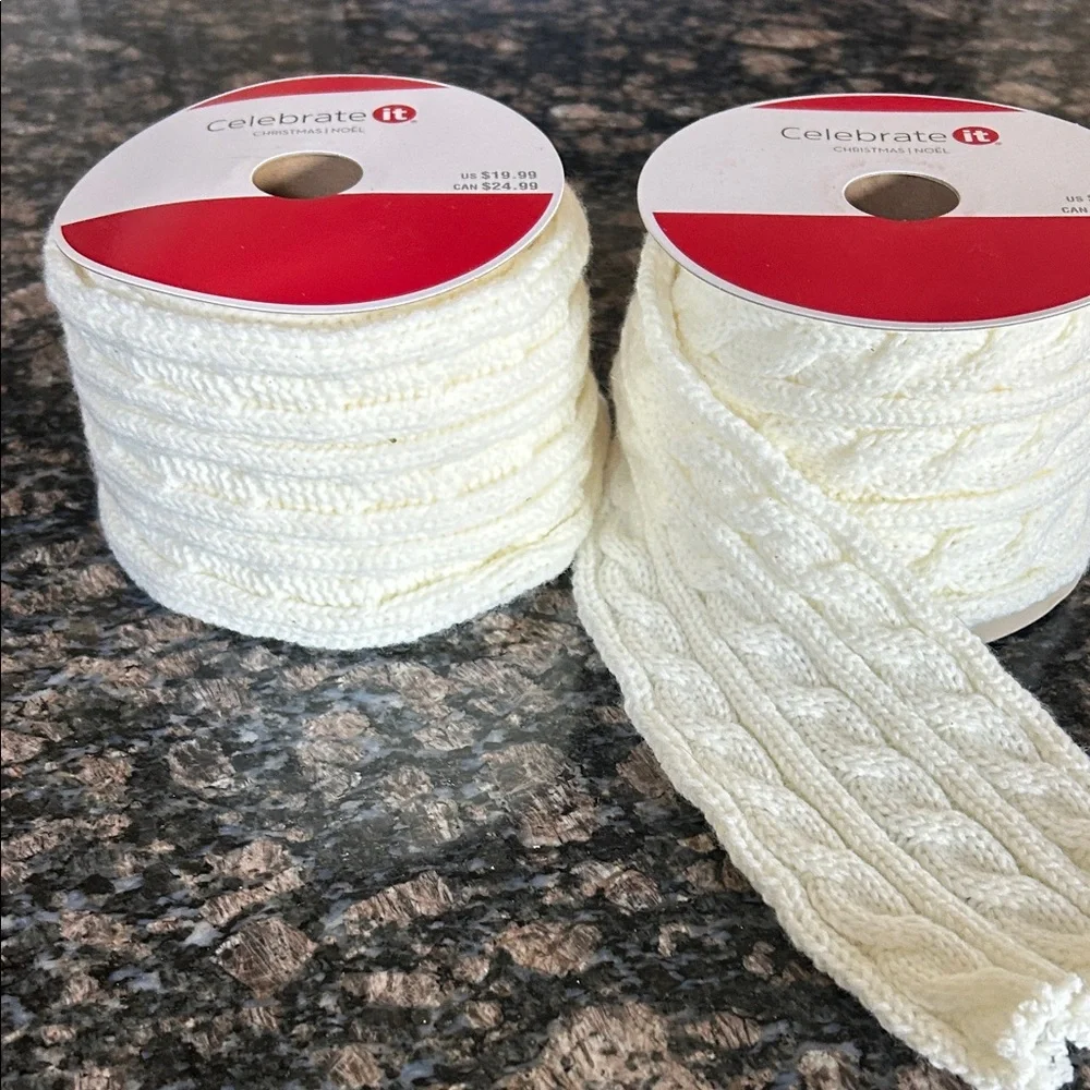 CELEBRATE IT IVORT CABLE KNIT RIBBON 3.5x6FT LOT OF 2 NWT
